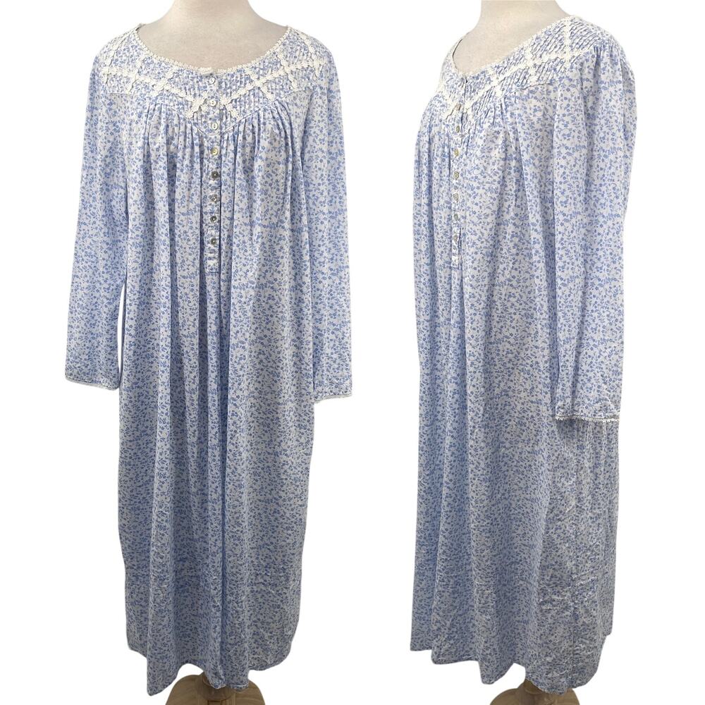 Eileen West Cotton Nightgown Floral Print Button Front Long Sleeve Blue White L
